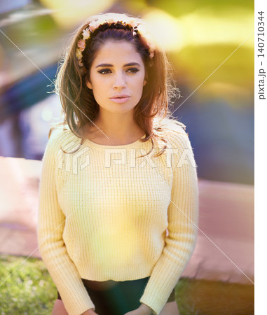Woman, think and outdoor with jersey on underwear at home with knees on grass for fashion. Lens flare, female person and pool with style for summer outfit or clothes to relax, leisure and break. Woman, think and outdoor with jersey on underwear at home with knees on grass for fashion. Lens flare, female person and pool with style for summer outfit or clothes to relax, leisure and break. 140710344