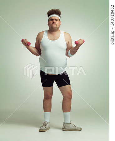Plus size, man and dumbbells for exercise, training or workout in studio isolated on a white background mockup space. Body health, fitness and person weightlifting for weight loss, muscle or strength Plus size, man and dumbbells for exercise, training or workout in studio isolated on a white background mockup space. Body health, fitness and person weightlifting for weight loss, muscle or strength 140710452