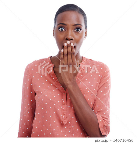 Black woman, portrait and shock with surprise in studio, reaction to drama with horror and wide eyes on white background. Alarm, alert with notification or news, facial expression and wow for crisis 140710456