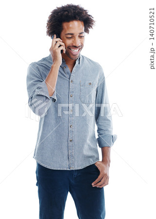 Man, phone call and communication in studio for talking conversation or white background, networking or mockup space. Male person, smartphone and connectivity tech for chat, contact us or discussion 140710521