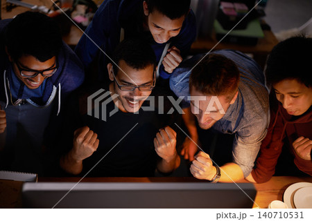 Friend, men and cheering for game on screen, cyber sport and achievement or celebration in room. Happy, social with people in night for victory, excitement with diversity group and technology Friend, men and cheering for game on screen, cyber sport and achievement or celebration in room. Happy, social with people in night for victory, excitement with diversity group and technology 140710531