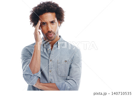 Man, portrait and headache pain in studio or stress pressure with brain fog or burnout, vertigo or white background. Male person, temple and tension as migraine tinnitus for fatigue, tired or mockup 140710535