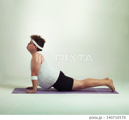 Man, plus size and stretch with mat in studio on white background with exercise or workout and fitness. Healthy, lifestyle and progress with body positivity for self care, wellness and wellbeing 140710578