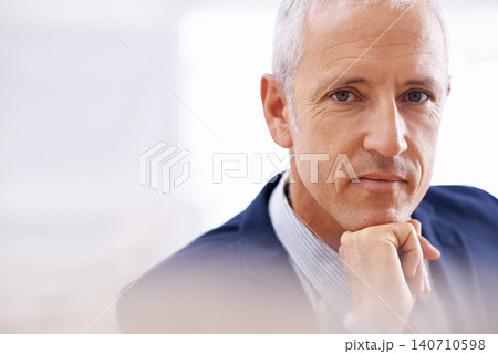 Portrait, senior businessman and thinking in office for idea, planning or problem solving insight. Face, vision or elderly male entrepreneur with why, questions or brainstorming recruitment solution 140710598