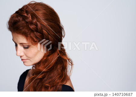 Beauty, hair and mockup with woman in studio isolated on white background for natural wellness. Skincare, red head and cosmetics with confident mature model on space for keratin or shampoo treatment Beauty, hair and mockup with woman in studio isolated on white background for natural wellness. Skincare, red head and cosmetics with confident mature model on space for keratin or shampoo treatment 140710687