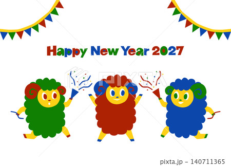 2027年未年の年賀状: クラッカーで祝う3匹の羊 2027年未年の年賀状: クラッカーで祝う3匹の羊 140711365