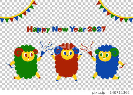 2027年未年の年賀状: クラッカーで祝う3匹の羊 2027年未年の年賀状: クラッカーで祝う3匹の羊 140711365