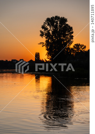 Beautiful sunset silhouette of a large tree reflected in a calm river. Vibrant orange sky over a lake at dusk, golden hour scenic water reflection, peaceful countryside evening landscape. 140711895