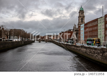 Dublin Ireland Cityscape Along River Liffey with Historic Bridges Waterfront Buildings 140711958