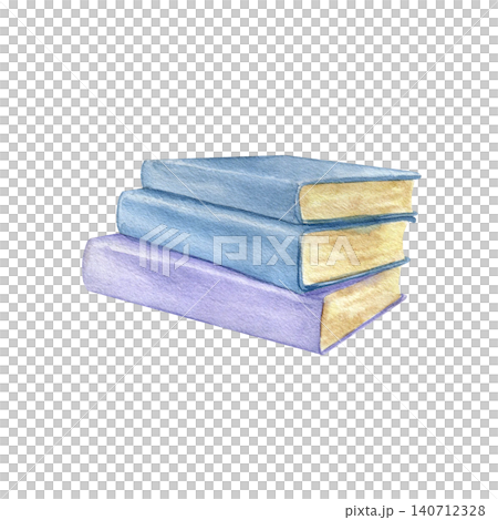 Watercolor illustration of a stack of three books with blue and purple covers isolated on white. Hand drawn clipart for education, library, back-to-school designs and stationery projects. 140712328