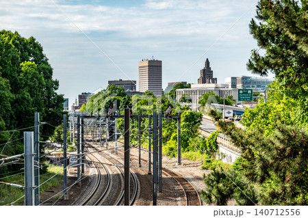 Amtrak Tracks Leading Toward Downtown Providence Skyline 140712556