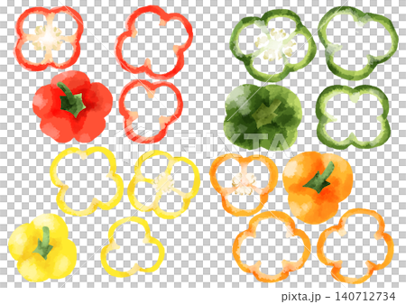 Hand-drawn watercolor-style illustrations of bell peppers and green peppers. Hand-drawn watercolor-style illustrations of bell peppers and green peppers. 140712734