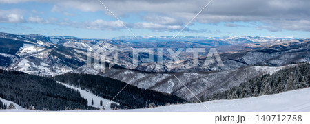 Rocky Mountains Colorado Panoramic Winter Landscape with Snow Covered Ridges Forested Valleys Rocky Mountains Colorado Panoramic Winter Landscape with Snow Covered Ridges Forested Valleys 140712788