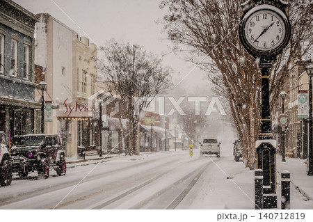 Rare Snowstorm in York South Carolina Covering Historic Downtown Main Street with Shops Benches  140712819