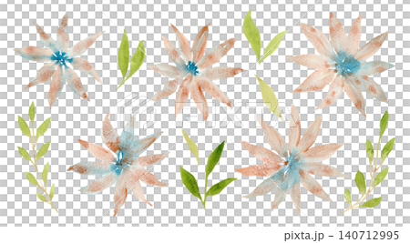 Set of abstract watercolor hand painting textured brown blue daisy flowers and green leaves. Textured watercolour floral coneflower blossoms for pattern design, wedding greeting card, logo Set of abstract watercolor hand painting textured brown blue daisy flowers and green leaves. Textured watercolour floral coneflower blossoms for pattern design, wedding greeting card, logo 140712995