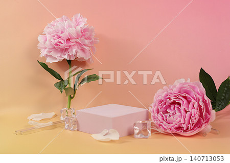 Premium podium with peonies and ice cubes on sunny elegant background, summer party concept, minimalist abstract background for product presentation, design template, podium on pedestal Premium podium with peonies and ice cubes on sunny elegant background, summer party concept, minimalist abstract background for product presentation, design template, podium on pedestal 140713053