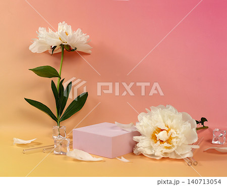 Elegant sunny colorful banner with peonies and ice cubes, summer party concept with a bar menu,beautiful, empty spring podium and template for your creativity, product display stand Elegant sunny colorful banner with peonies and ice cubes, summer party concept with a bar menu,beautiful, empty spring podium and template for your creativity, product display stand 140713054