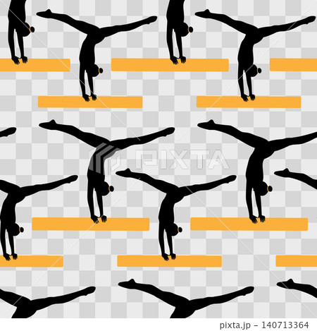 A clean seamless vector pattern showing black silhouette gymnasts performing handstands and splits on horizontal orange balance beams against a light. Branding, sports promo or print materials design A clean seamless vector pattern showing black silhouette gymnasts performing handstands and splits on horizontal orange balance beams against a light. Branding, sports promo or print materials design 140713364