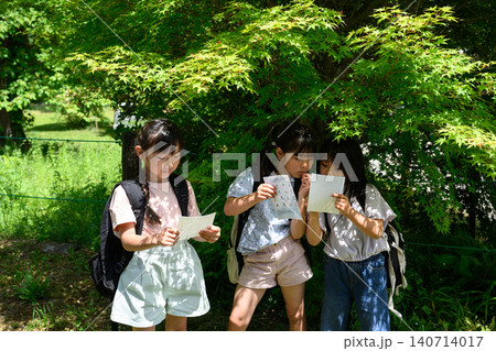 新緑の自然の中で地図を見てルートを発見し指差す女子小学生たち 新緑の自然の中で地図を見てルートを発見し指差す女子小学生たち 140714017
