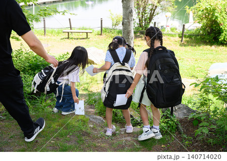 新緑の自然の中で地図を見てルートを発見し指差す女子小学生たち 新緑の自然の中で地図を見てルートを発見し指差す女子小学生たち 140714020