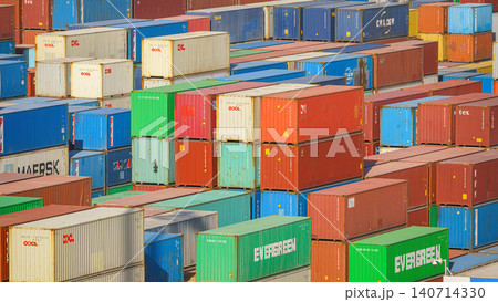 Ain Sokhna, Egypt - Mar 18 2023, aerial view, Close-up of many colorful containers, Ain Sokhna, Egypt Ain Sokhna, Egypt - Mar 18 2023, aerial view, Close-up of many colorful containers, Ain Sokhna, Egypt 140714330