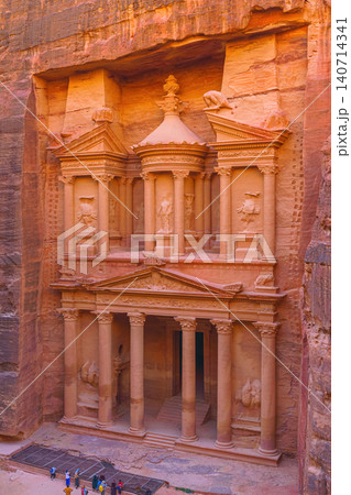 Petra, Wadi Musa, Jordan - Mar 06 2023, aerial view of Al-Khazneh tomb, symbol of the city of Petra, Wadi Musa, Jordan Petra, Wadi Musa, Jordan - Mar 06 2023, aerial view of Al-Khazneh tomb, symbol of the city of Petra, Wadi Musa, Jordan 140714341