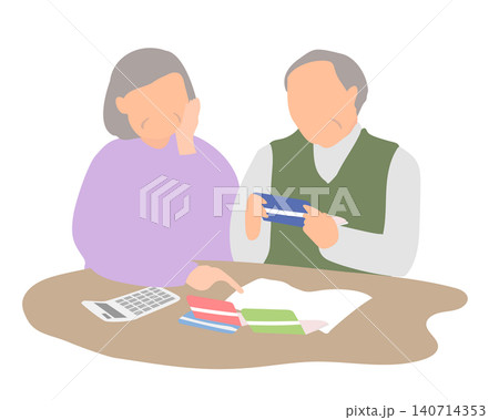 通帳を確認する高齢夫婦のイラスト 140714353