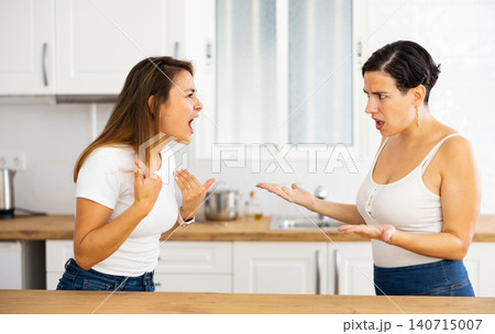 Two sisters yell at each other during a domestic quarrel in kitchen 140715007