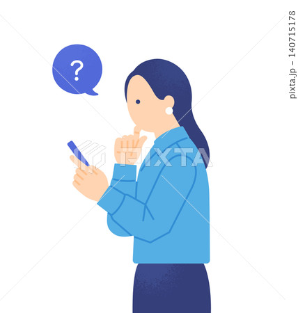 スマートフォンを見ながら顎に手を当てて考え込む女性のビジネスパーソン 140715178