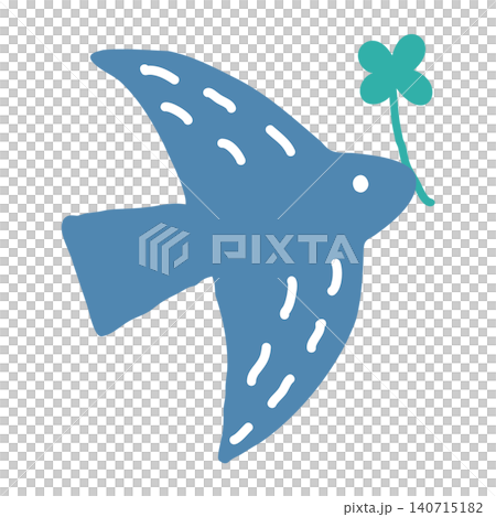 A blue bird of happiness holding a Nordic-style four-leaf clover in its beak. A blue bird of happiness holding a Nordic-style four-leaf clover in its beak. 140715182
