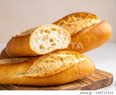 Three crusty french baguettes on a wooden board Three crusty french baguettes on a wooden board 140715354