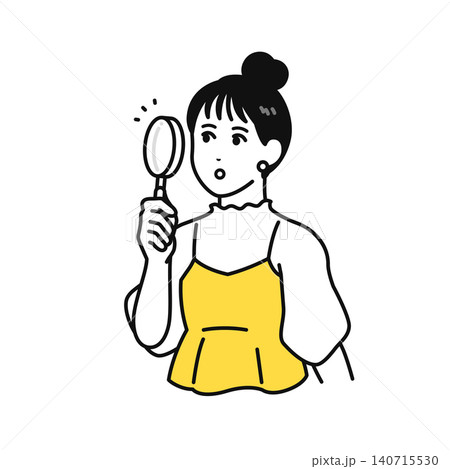 虫眼鏡を覗くまとめ髪の若い女性 虫眼鏡を覗くまとめ髪の若い女性 140715530