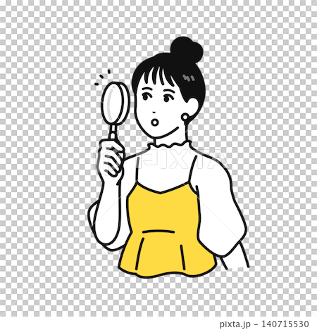 A young woman with her hair tied up looking through a magnifying glass. A young woman with her hair tied up looking through a magnifying glass. 140715530