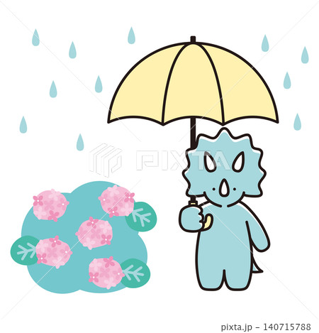 雨の中傘をさすトリケラトプスのイラスト アジサイ 雨の中傘をさすトリケラトプスのイラスト アジサイ 140715788