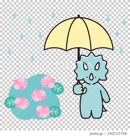 雨の中傘をさすトリケラトプスのイラスト アジサイ 雨の中傘をさすトリケラトプスのイラスト アジサイ 140715788