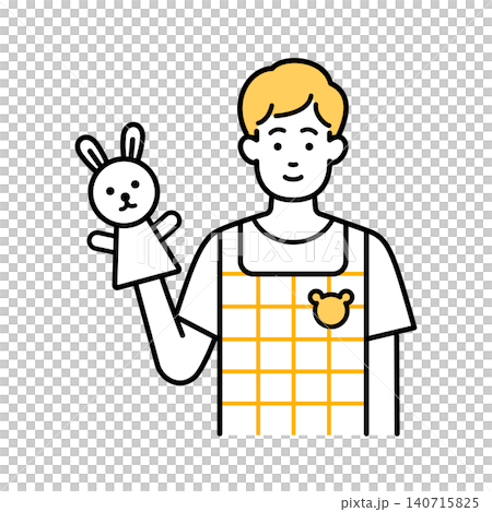 一名戴著手套木偶的男性日託中心工作人員 140715825