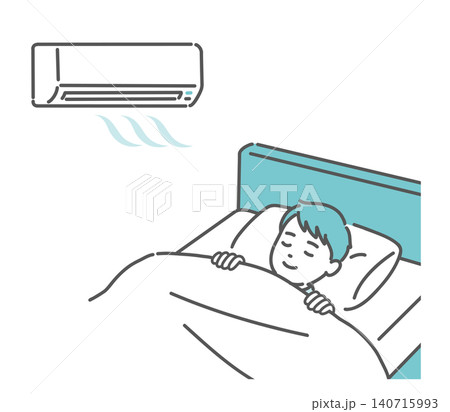 エアコンをつけて快適に眠る男の子のイラスト 140715993