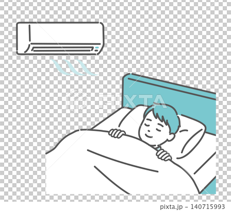 エアコンをつけて快適に眠る男の子のイラスト 140715993
