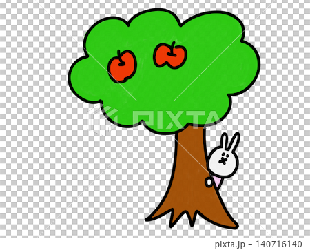 A hand-drawn illustration of a rabbit peeking out from an apple tree. A hand-drawn illustration of a rabbit peeking out from an apple tree. 140716140
