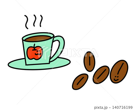 りんご柄のマグカップとコーヒー豆の手描きイラスト りんご柄のマグカップとコーヒー豆の手描きイラスト 140716199