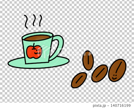 りんご柄のマグカップとコーヒー豆の手描きイラスト りんご柄のマグカップとコーヒー豆の手描きイラスト 140716199