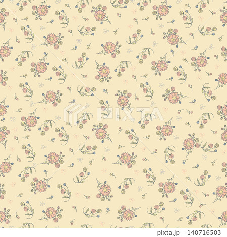 Cute orange and pink flower seamless pattern on cream background. Vintage ditsy floral vector illustration for retro textile, fabric, wallpaper, wrapping paper, cottagecore and home decor. 140716503