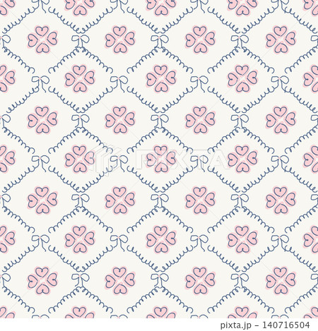 Cute pink flower seamless pattern with diamond ribbon lattice. Vintage ditsy floral vector illustration for baby fabric, textile, wallpaper, wrapping paper, nursery and coquette decor. Cute pink flower seamless pattern with diamond ribbon lattice. Vintage ditsy floral vector illustration for baby fabric, textile, wallpaper, wrapping paper, nursery and coquette decor. 140716504