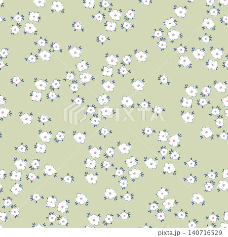 Seamless ditsy floral pattern vector with tiny white flowers on green background. Cute cottagecore botanical wallpaper illustration for sage fabric, textile design, wrapping paper print. 140716529