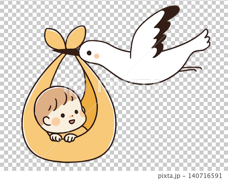 An illustration of a stork carrying a baby. An illustration of a stork carrying a baby. 140716591