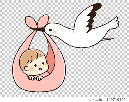 An illustration of a stork carrying a baby. An illustration of a stork carrying a baby. 140716592