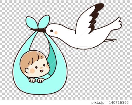 An illustration of a stork carrying a baby. An illustration of a stork carrying a baby. 140716593