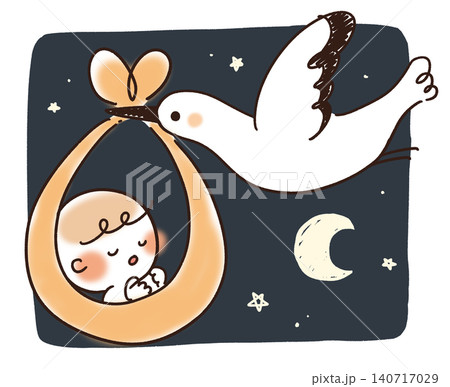 コウノトリに運ばれる赤ちゃんのシンプルタッチなイラスト 140717029