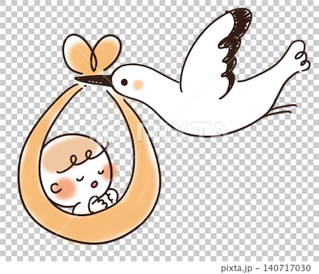 コウノトリに運ばれる赤ちゃんのシンプルタッチなイラスト 140717030