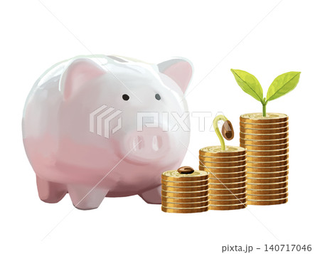 豚の貯金箱とコインと成長する新芽 140717046